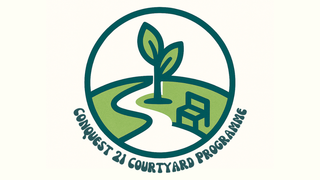 Conquest21 Courtyard Programme Logo - path with a tree and a bench in a circle